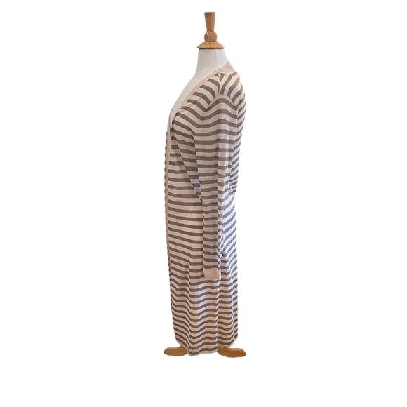 Chico's Tan, Ivory Lightweight Striped Long Open Front Cardigan Sweater, M - Picture 3 of 7